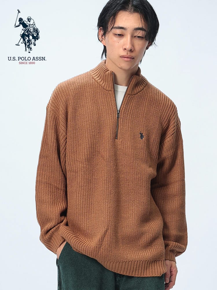 U.S. POLO ASSN.  (ユーエスポロアッスン) BIGシルエット 畔編み×刺繍ロゴ ハーフジップ ニット PLM43401