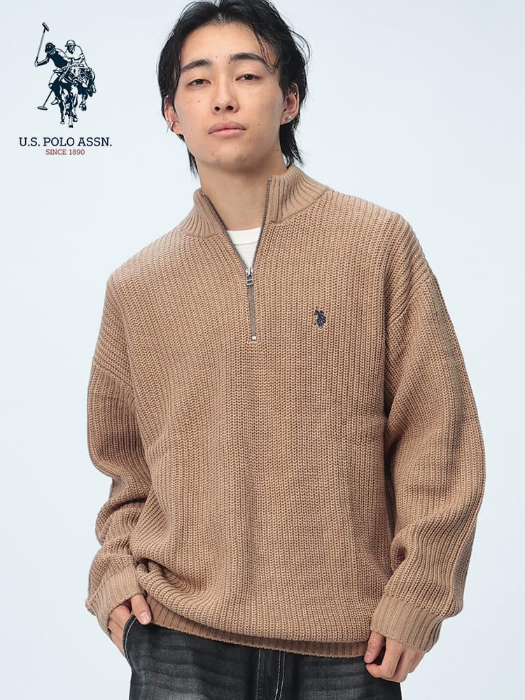 U.S. POLO ASSN.  (ユーエスポロアッスン) BIGシルエット 畔編み×刺繍ロゴ ハーフジップ ニット PLM43401