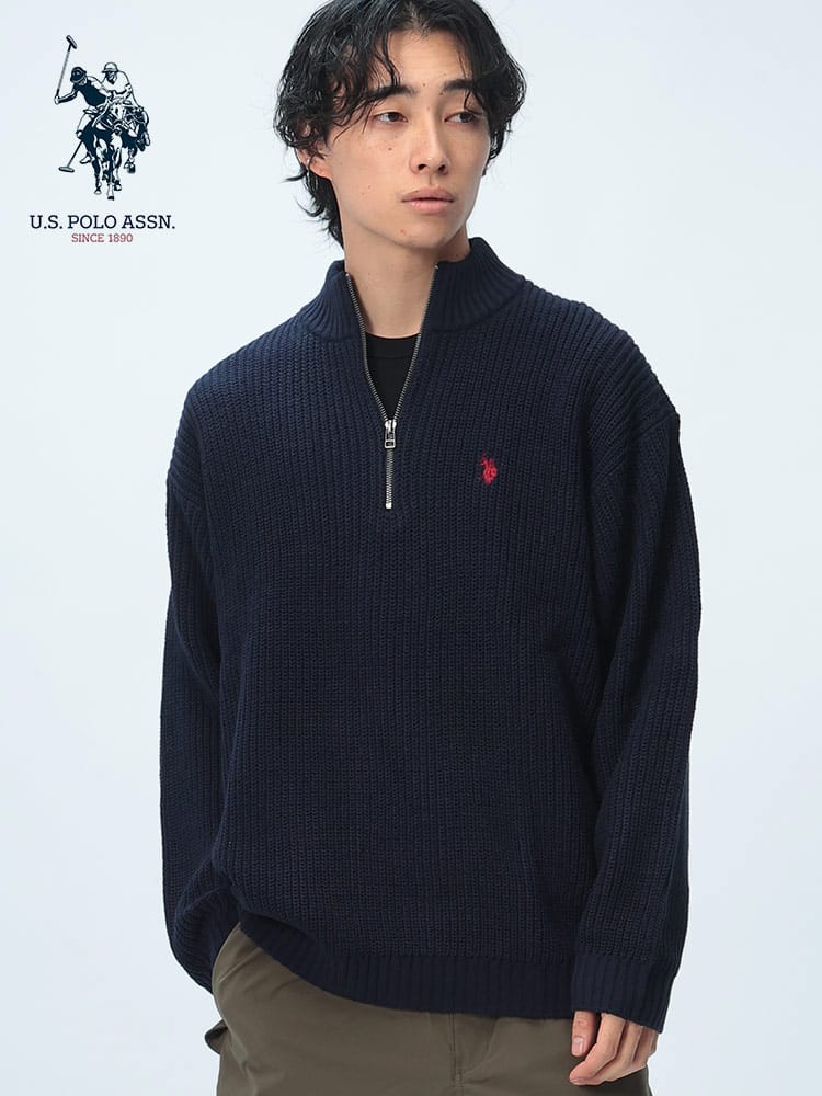 U.S. POLO ASSN.  (ユーエスポロアッスン) BIGシルエット 畔編み×刺繍ロゴ ハーフジップ ニット PLM43401