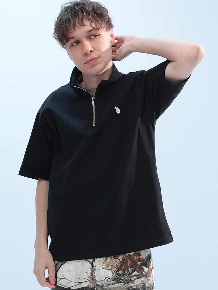 U.S. POLO ASSN.  (ユーエスポロアッスン) 綿100％ ワンポイント ハーフジップ 半袖 Tシャツ PLM42115