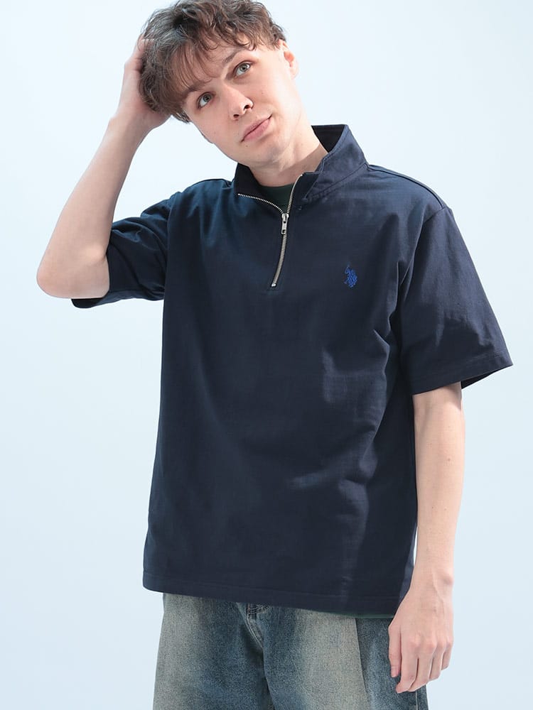 U.S. POLO ASSN.  (ユーエスポロアッスン) 綿100％ ワンポイント ハーフジップ 半袖 Tシャツ PLM42115
