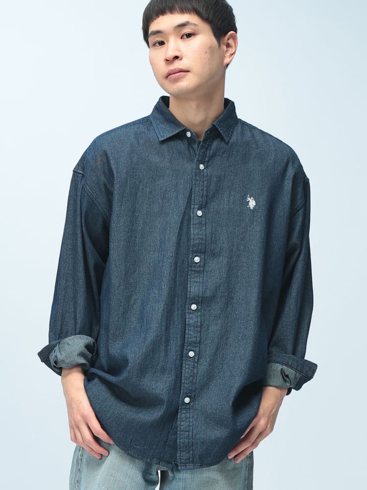 U.S. POLO ASSN. (ユーエスポロアッスン) オーバーサイズ 長袖 シャツ ワンポイント ロゴ 刺繍 綿100% 無地 ユニセックス カジュアルシャツ PLM61703