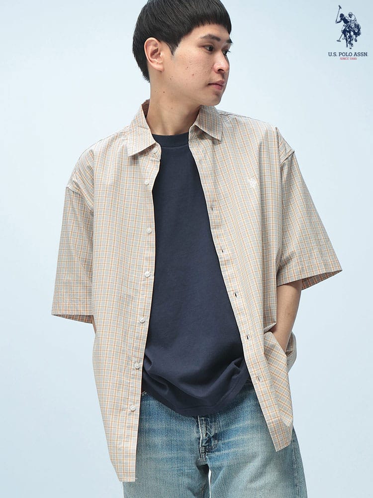 U.S. POLO ASSN. (ユーエスポロアッスン) チェック柄 オーバーサイズ 半袖 シャツ ワンポイント ロゴ 刺繍 綿100% ユニセックス カジュアルシャツ PLM61709