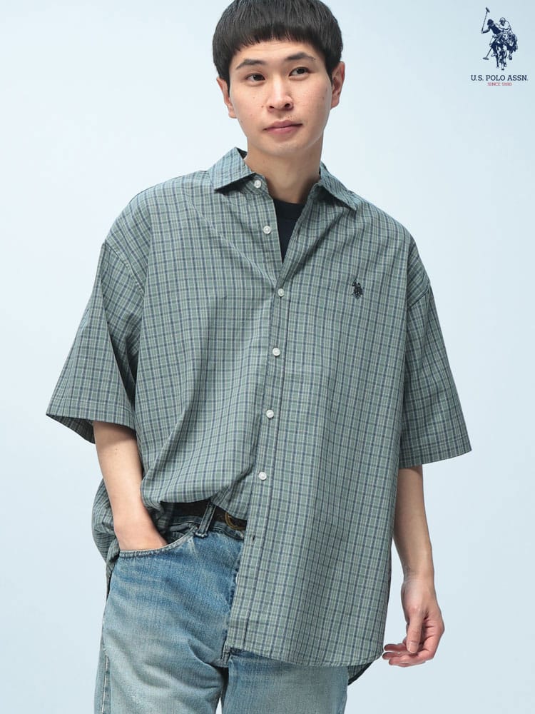 U.S. POLO ASSN. (ユーエスポロアッスン) チェック柄 オーバーサイズ 半袖 シャツ ワンポイント ロゴ 刺繍 綿100% ユニセックス カジュアルシャツ PLM61709