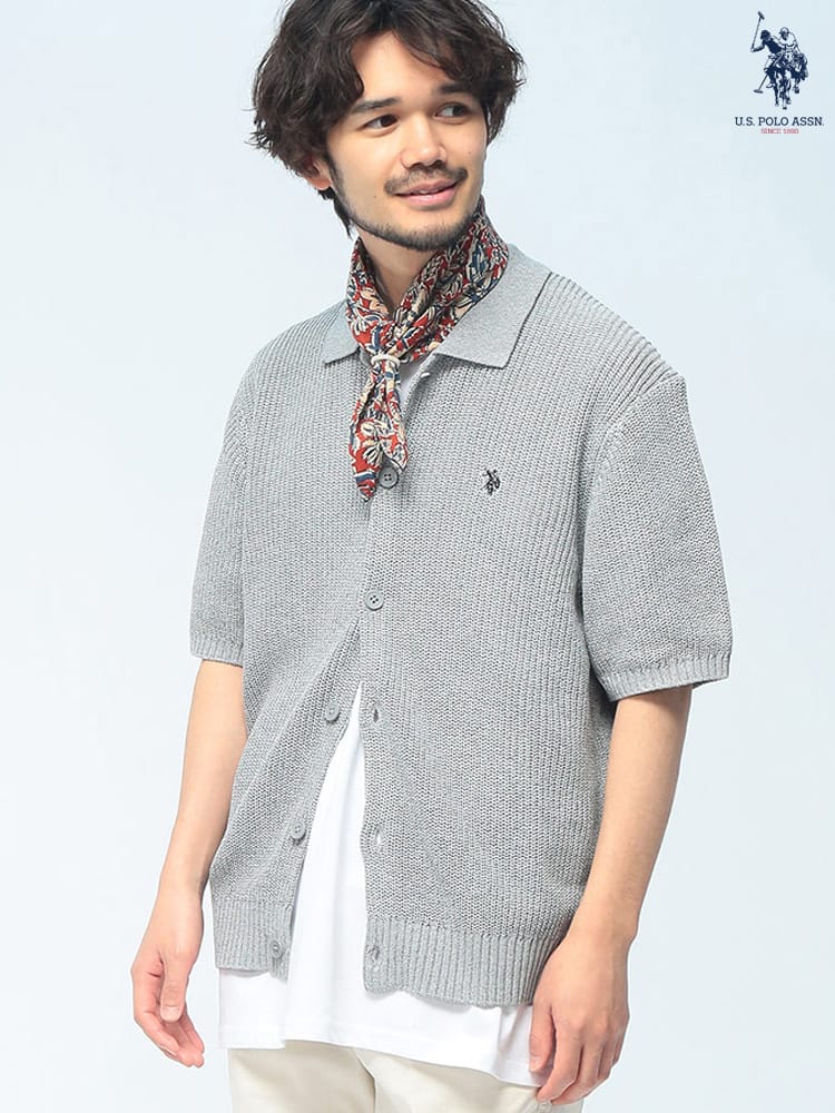U.S. POLO ASSN. (ユーエスポロアッスン) サマーニット カーディガン 半袖 PLM62402 ワンポイント ロゴ刺繍 襟付き ユニセックス 