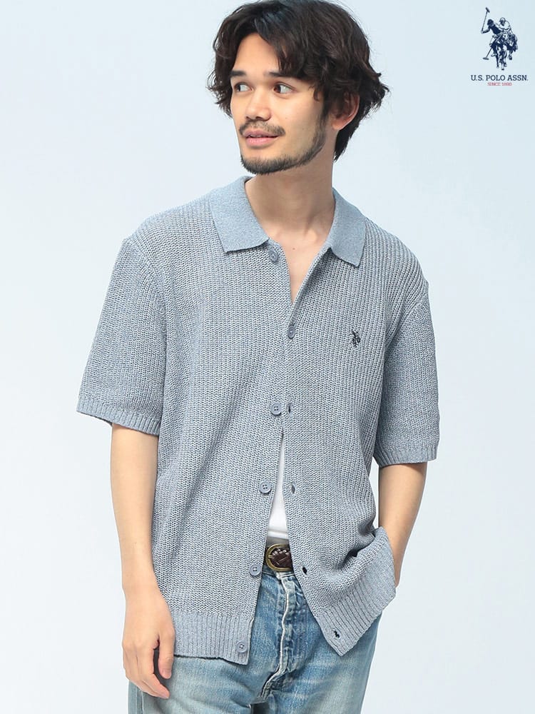 U.S. POLO ASSN. (ユーエスポロアッスン) サマーニット カーディガン 半袖 PLM62402 ワンポイント ロゴ刺繍 襟付き ユニセックス 