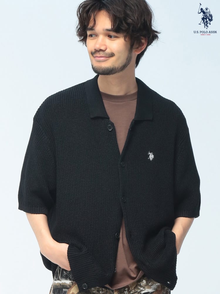 U.S. POLO ASSN. (ユーエスポロアッスン) サマーニット カーディガン 半袖  PLM62403 ワンポイント ロゴ刺繍 襟付き ユニセックス 