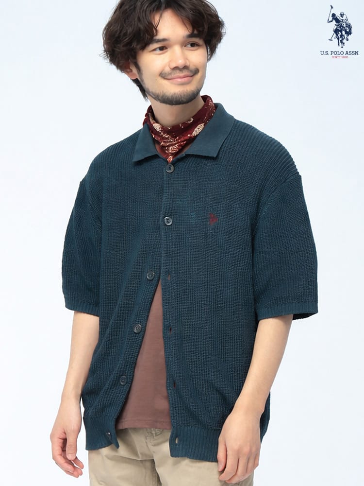 U.S. POLO ASSN. (ユーエスポロアッスン) サマーニット カーディガン 半袖  PLM62403 ワンポイント ロゴ刺繍 襟付き ユニセックス 