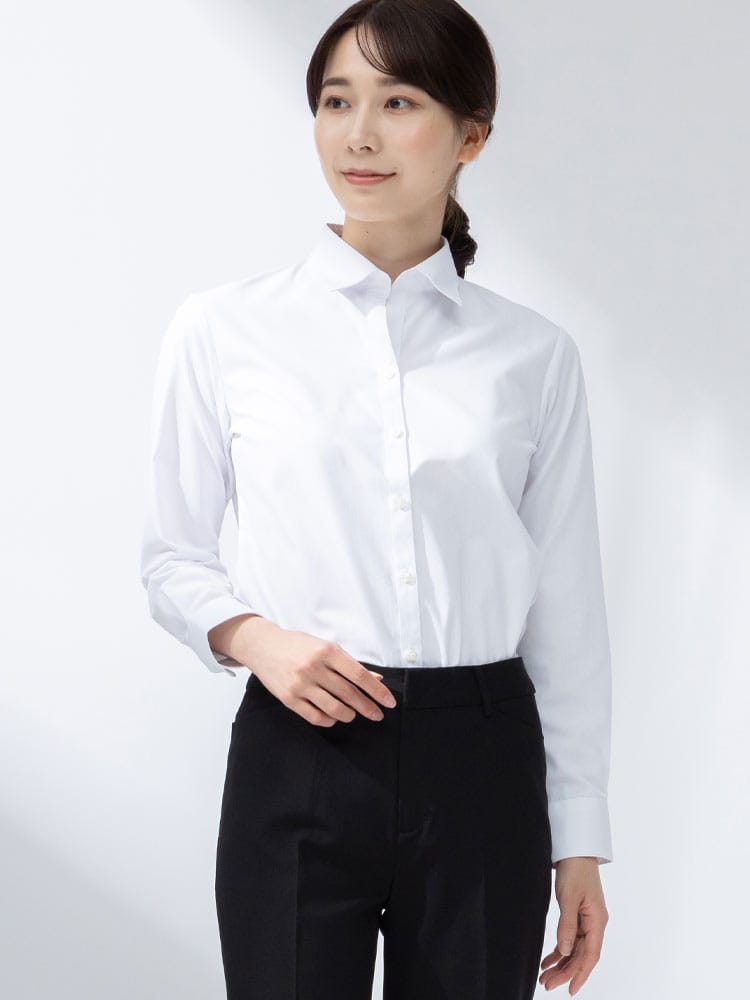 SAKAZEN (サカゼン) 透けにくい白 形態安定 無地 スキッパーカラー 長袖 ブラウス