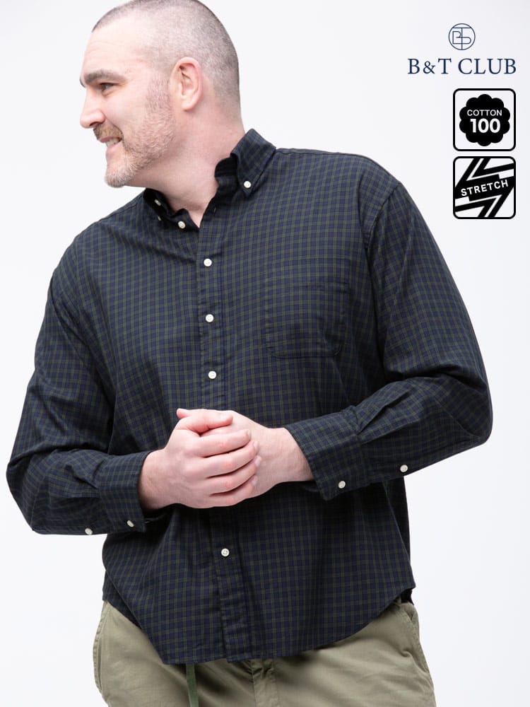 大きいサイズ メンズ B＆T CLUB 綿100％ ナチュラルストレッチ ボタンダウン ツイル 長袖シャツ 2L-10L相当