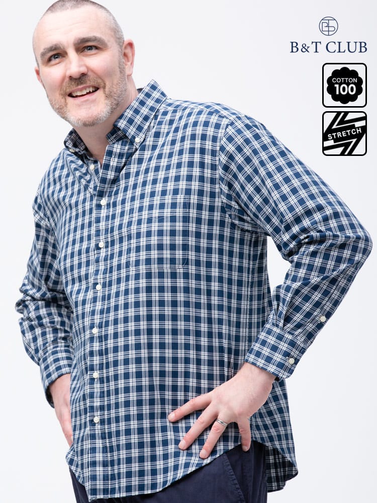 大きいサイズ メンズ B＆T CLUB 綿100％ ナチュラルストレッチ ボタンダウン ツイル 長袖シャツ 2L-10L相当