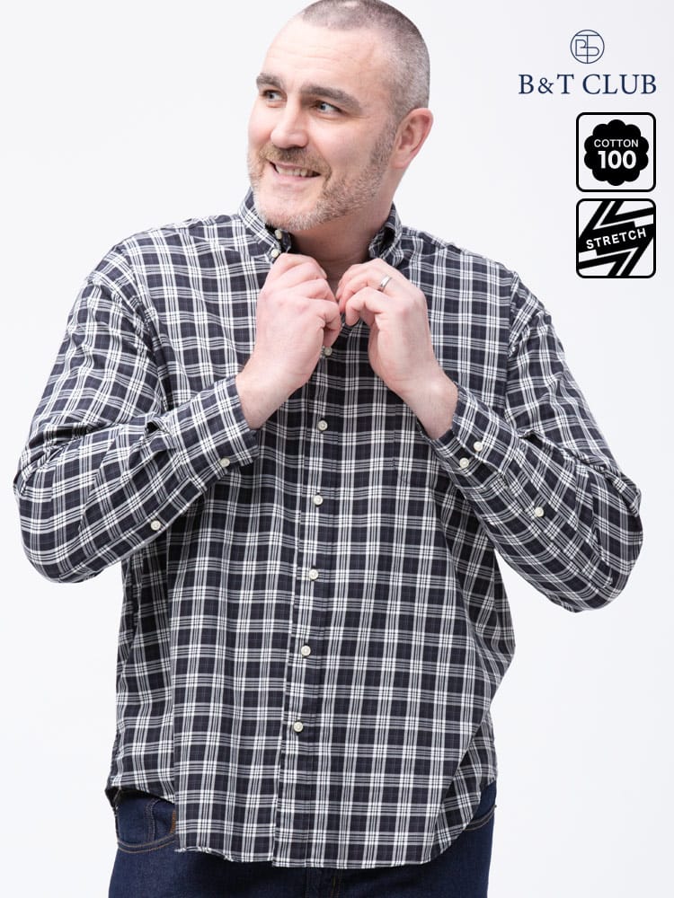 大きいサイズ メンズ B＆T CLUB 綿100％ ナチュラルストレッチ ボタンダウン ツイル 長袖シャツ 2L-10L相当