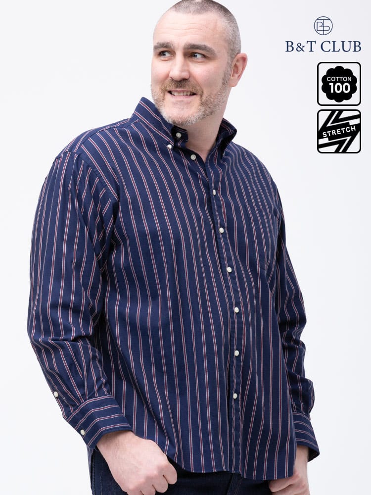 大きいサイズ メンズ B＆T CLUB 綿100％ ナチュラルストレッチ ボタンダウン ツイル 長袖シャツ 2L-10L相当