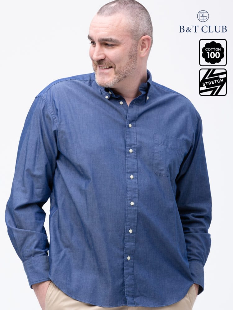 大きいサイズ メンズ B＆T CLUB 綿100％ ナチュラルストレッチ ボタンダウン ツイル 長袖シャツ 2L-10L相当