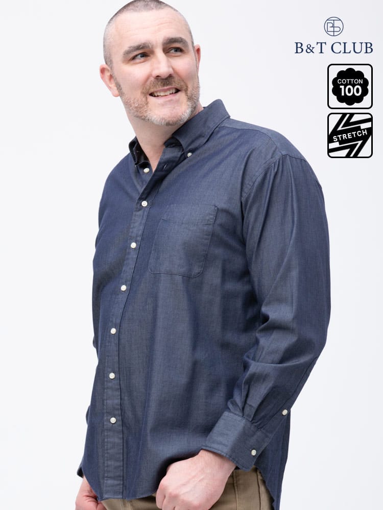 大きいサイズ メンズ B＆T CLUB 綿100％ ナチュラルストレッチ ボタンダウン ツイル 長袖シャツ 2L-10L相当