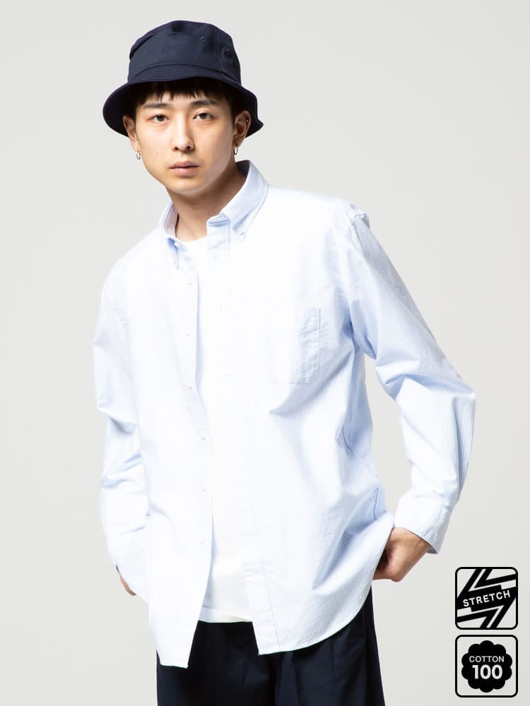 シャツ メンズ 無地 チェック ストライプ オックスフォードシャツ ナチュラルストレッチ ボタンダウン 長袖 オックスシャツ