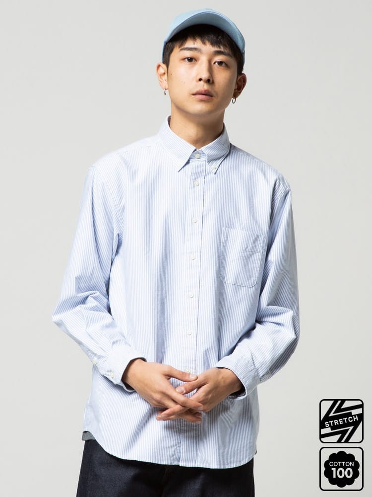シャツ メンズ 無地 チェック ストライプ オックスフォードシャツ ナチュラルストレッチ ボタンダウン 長袖 オックスシャツ