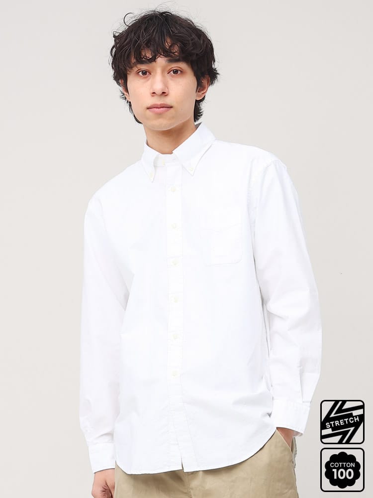 シャツ メンズ 無地 チェック ストライプ オックスフォードシャツ ナチュラルストレッチ ボタンダウン 長袖 オックスシャツ