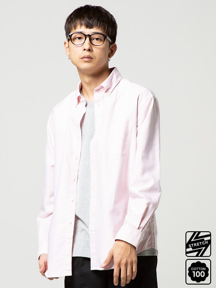 シャツ メンズ 無地 チェック ストライプ オックスフォードシャツ ナチュラルストレッチ ボタンダウン 長袖 オックスシャツ