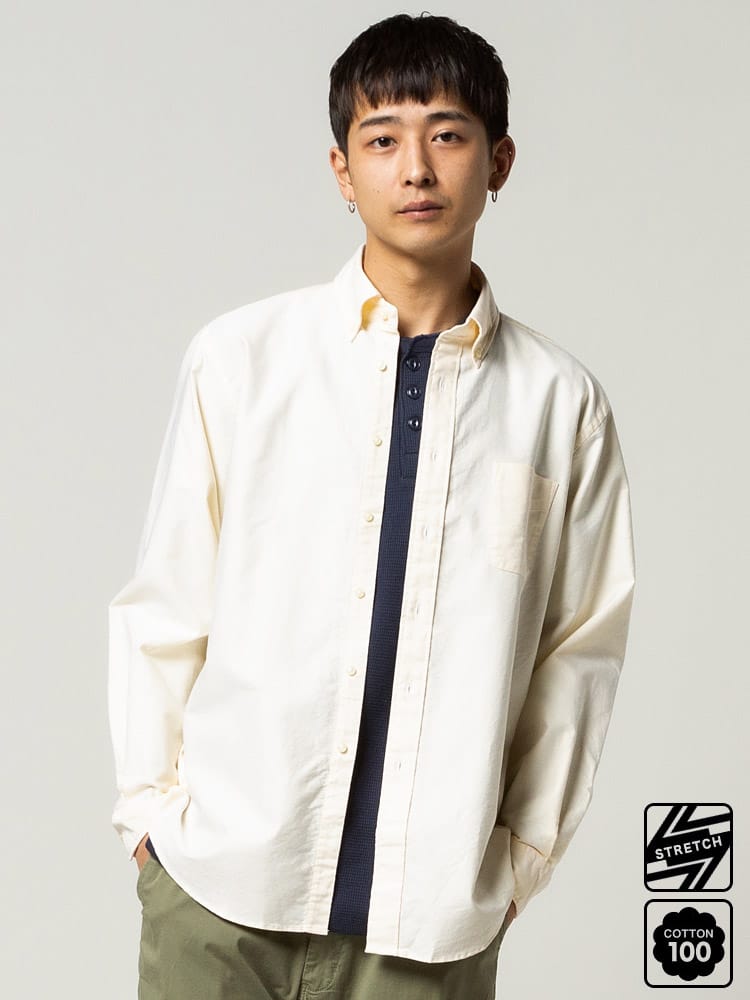 シャツ メンズ 無地 チェック ストライプ オックスフォードシャツ ナチュラルストレッチ ボタンダウン 長袖 オックスシャツ