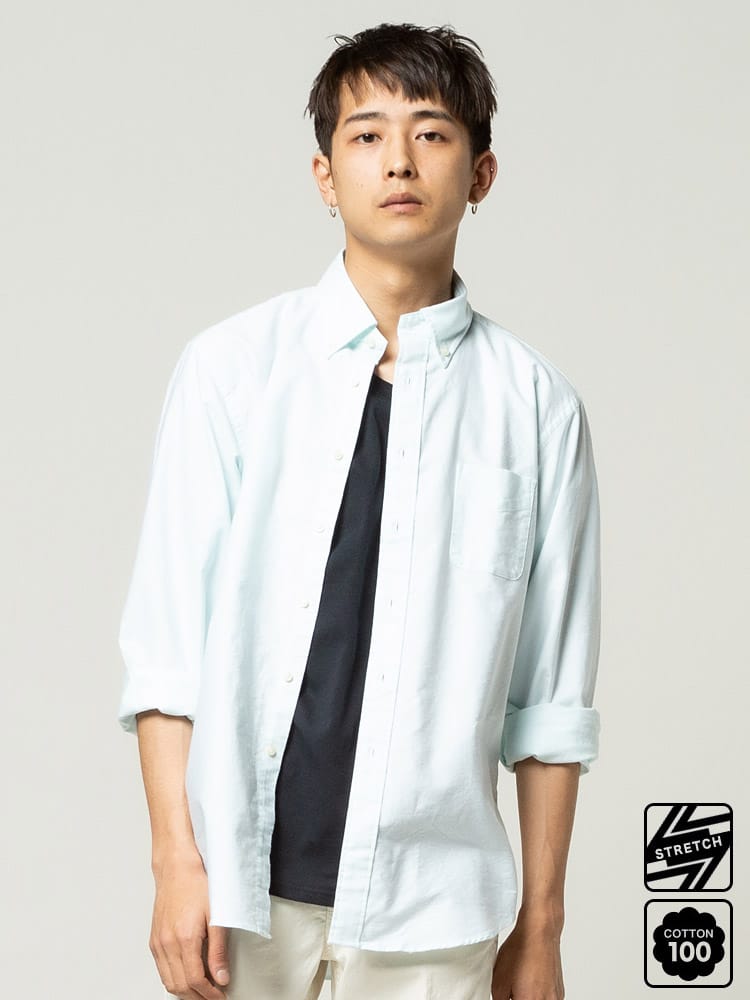 シャツ メンズ 無地 チェック ストライプ オックスフォードシャツ ナチュラルストレッチ ボタンダウン 長袖 オックスシャツ