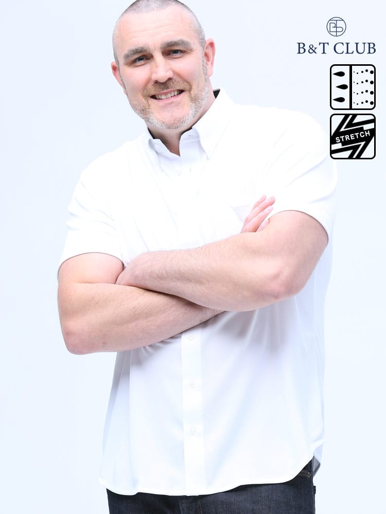 大きいサイズ メンズ B＆T CLUB (ビーアンドティークラブ) ドライ ストレッチ 鹿の子 ボタンダウン 無地 半袖 シャツ