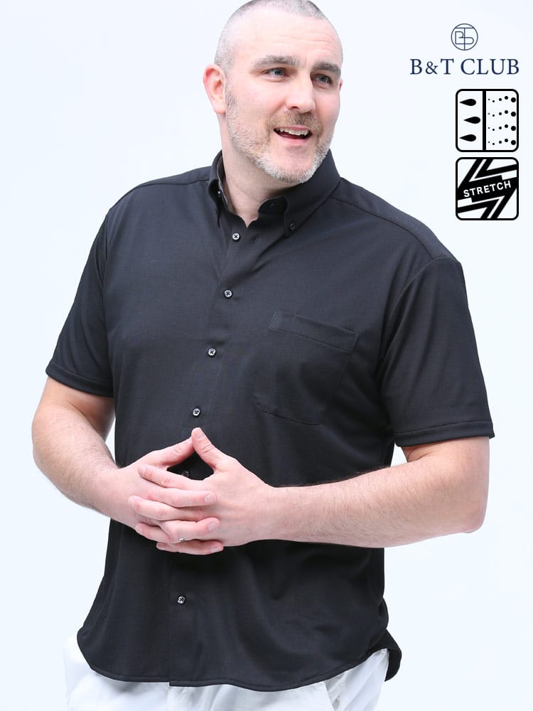 大きいサイズ メンズ B＆T CLUB (ビーアンドティークラブ) ドライ ストレッチ 鹿の子 ボタンダウン 無地 半袖 シャツ