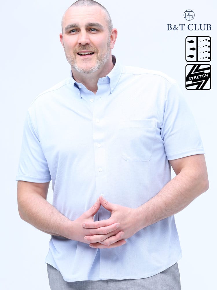 大きいサイズ メンズ B＆T CLUB (ビーアンドティークラブ) ドライ ストレッチ エンボス市松 ボタンダウン 半袖 シャツ