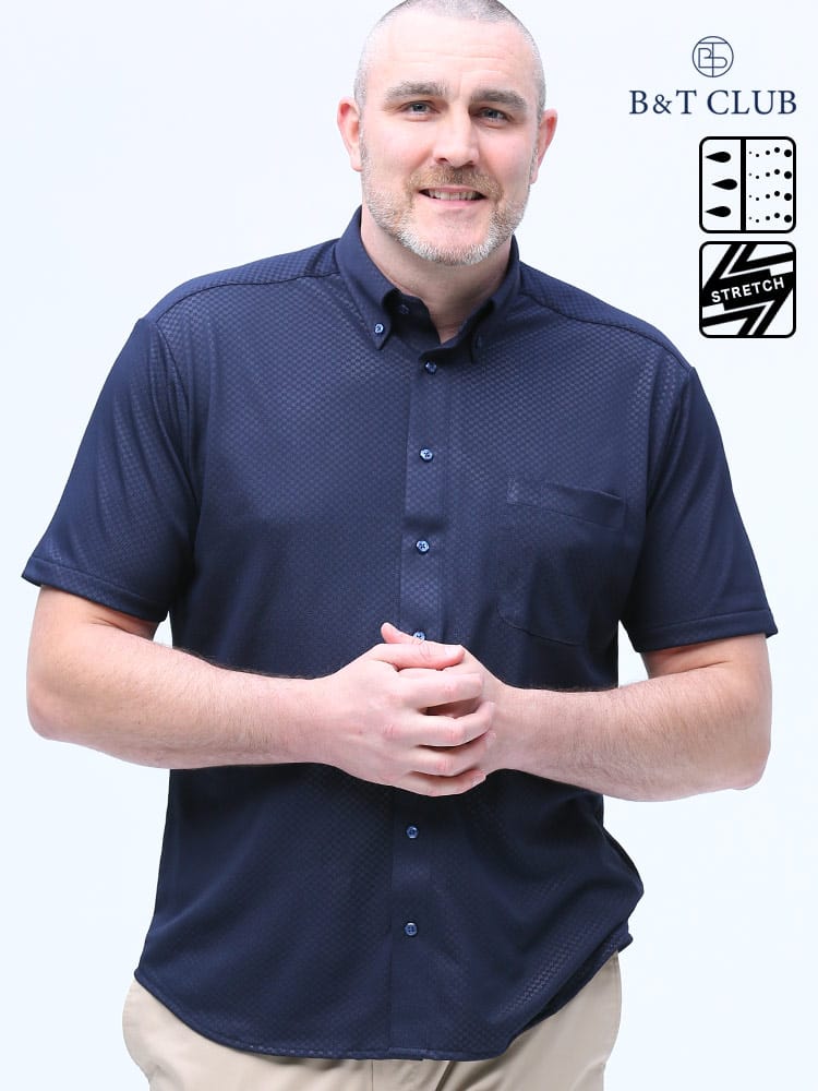 大きいサイズ メンズ B＆T CLUB (ビーアンドティークラブ) ドライ ストレッチ エンボス市松 ボタンダウン 半袖 シャツ