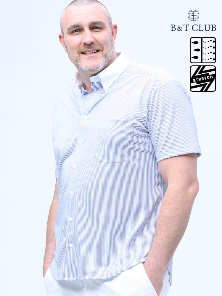 大きいサイズ メンズ B＆T CLUB (ビーアンドティークラブ) ドライ ストレッチ デジタルプリント ストライプ＆チェック 半袖 シャツ