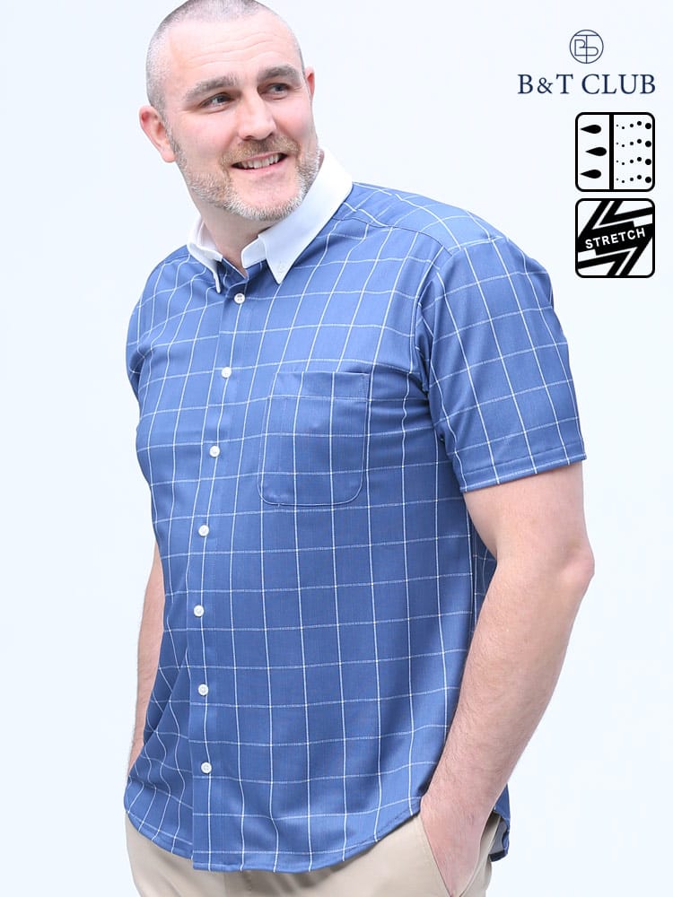 大きいサイズ メンズ B＆T CLUB (ビーアンドティークラブ) ドライ ストレッチ デジタルプリント ストライプ＆チェック 半袖 シャツ