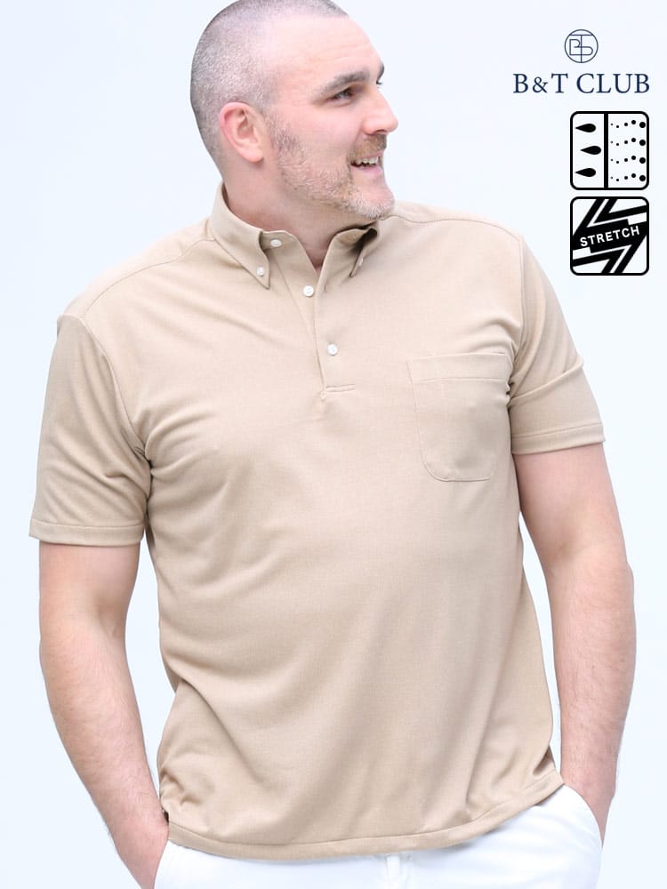 在庫処分 返品交換不可 大きいサイズ メンズ B＆T CLUB (ビーアンドティークラブ) ドライ ストレッチ 鹿の子 ボタンダウン 半袖 ポロシャツ
