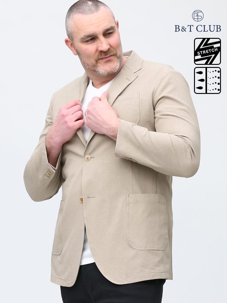 大きいサイズ メンズ B＆T CLUB (ビーアンドティークラブ) ウォッシャブル ストレッチ 無地 メランジ シングル ジャケット