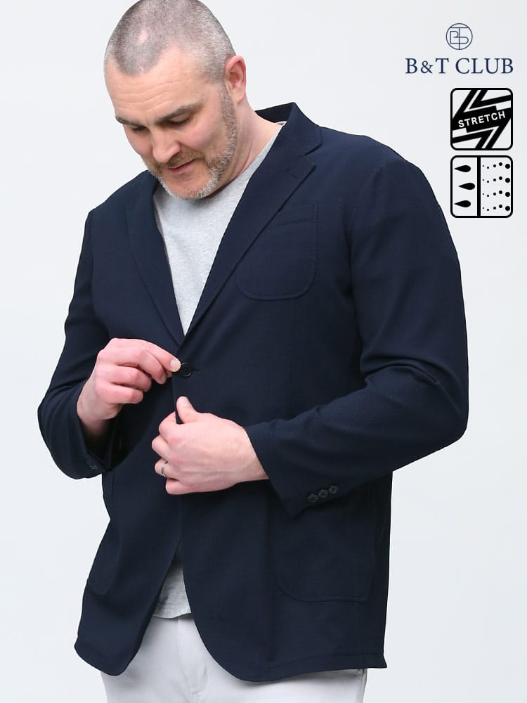 大きいサイズ メンズ B＆T CLUB (ビーアンドティークラブ) ウォッシャブル ストレッチ 無地 ワッフル シングル ジャケット