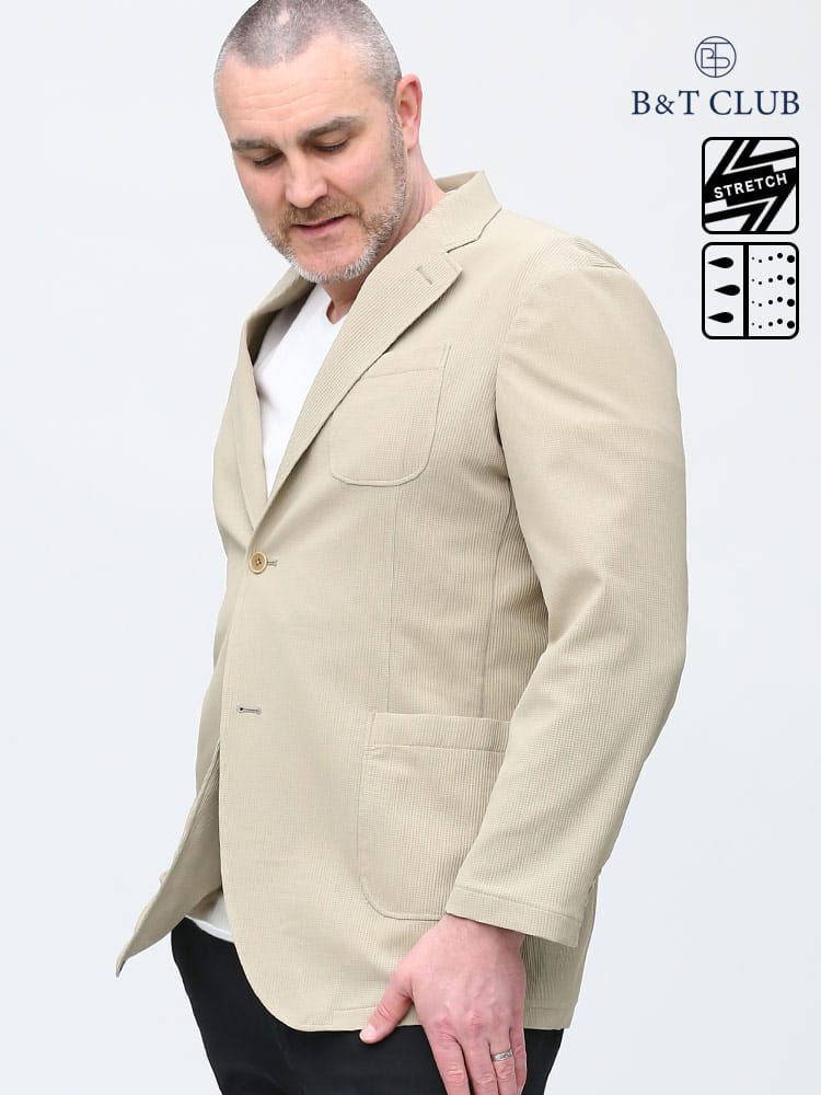 大きいサイズ メンズ B＆T CLUB (ビーアンドティークラブ) ウォッシャブル ストレッチ 無地 ワッフル シングル ジャケット