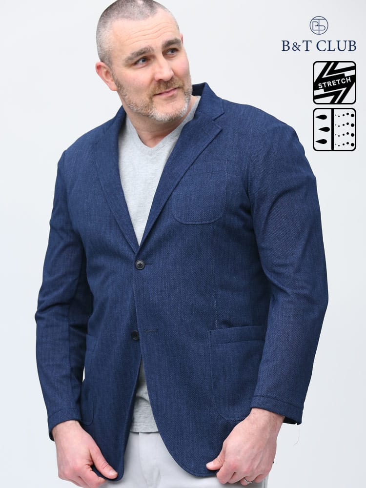 大きいサイズ メンズ B＆T CLUB (ビーアンドティークラブ) ウォッシャブル ストレッチ デニムプリント メッシュ シングル ジャケット