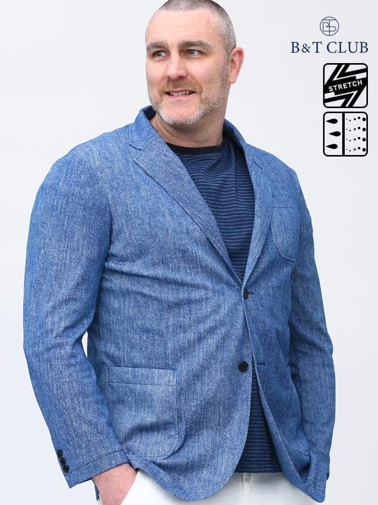 大きいサイズ メンズ B＆T CLUB (ビーアンドティークラブ) ウォッシャブル ストレッチ デニムプリント メッシュ シングル ジャケット