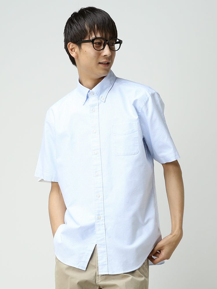 CREW (クルー) 綿100％ ナチュラルストレッチ ボタンダウン 半袖 オックスシャツ