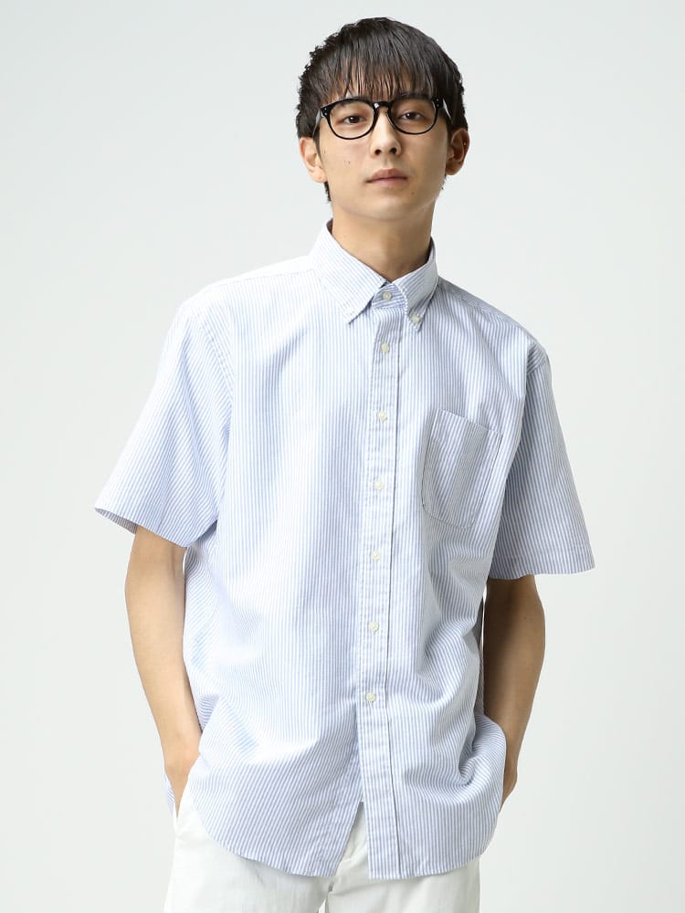 CREW (クルー) 綿100％ ナチュラルストレッチ ボタンダウン 半袖 オックスシャツ