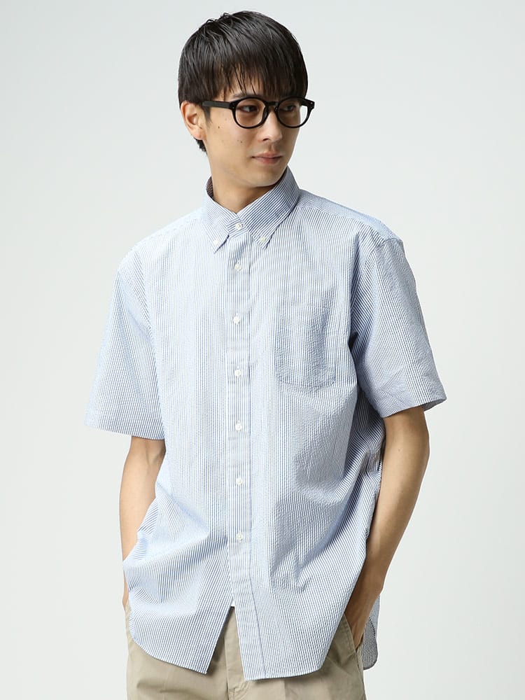 CREW (クルー) シアサッカー ボタンダウン 半袖 シャツ COOLMAX