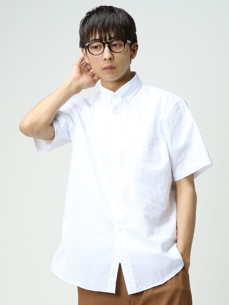 CREW (クルー) シアサッカー ボタンダウン 半袖 シャツ COOLMAX