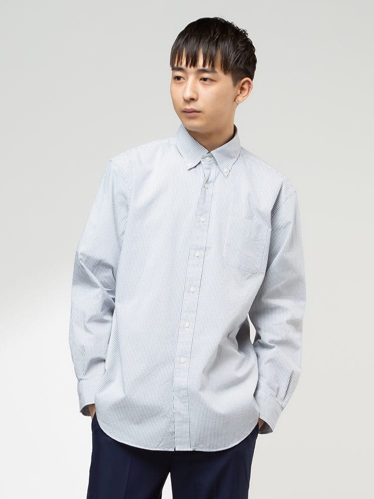 CREW (クルー) COOLMAX シアサッカー 無地＆柄 ボタンダウン 長袖シャツ