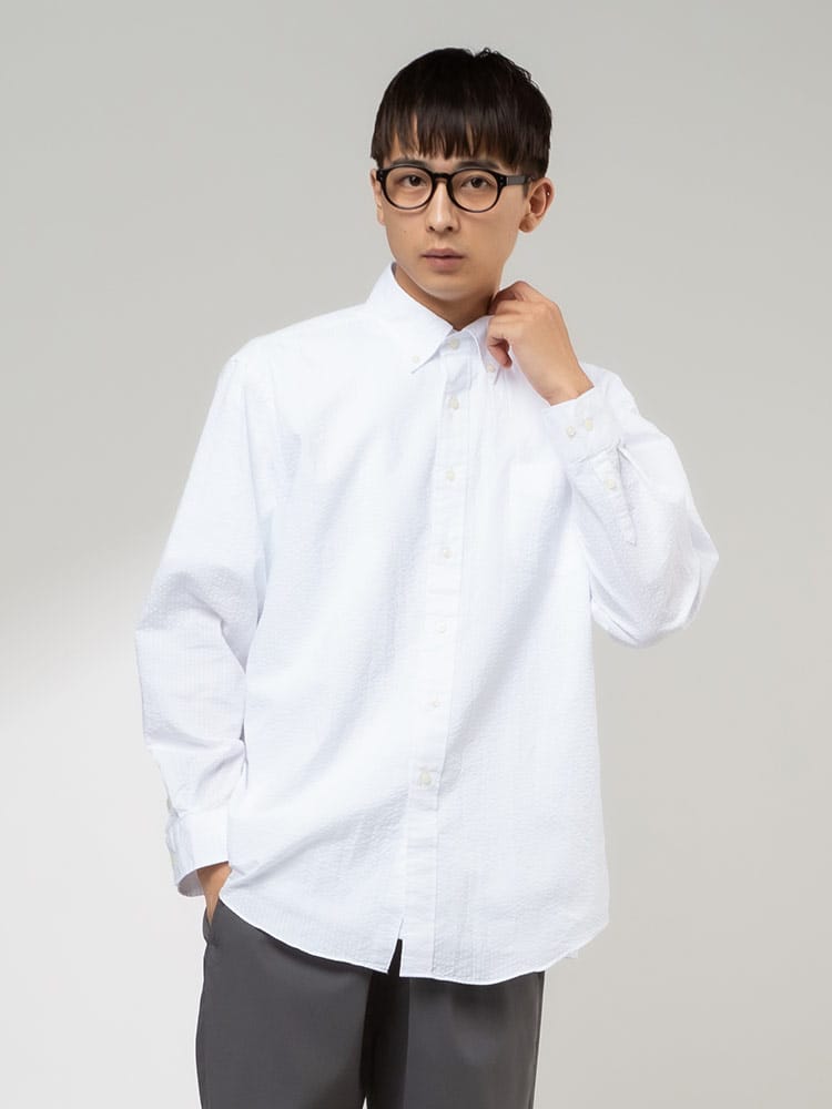 CREW (クルー) COOLMAX シアサッカー 無地＆柄 ボタンダウン 長袖シャツ