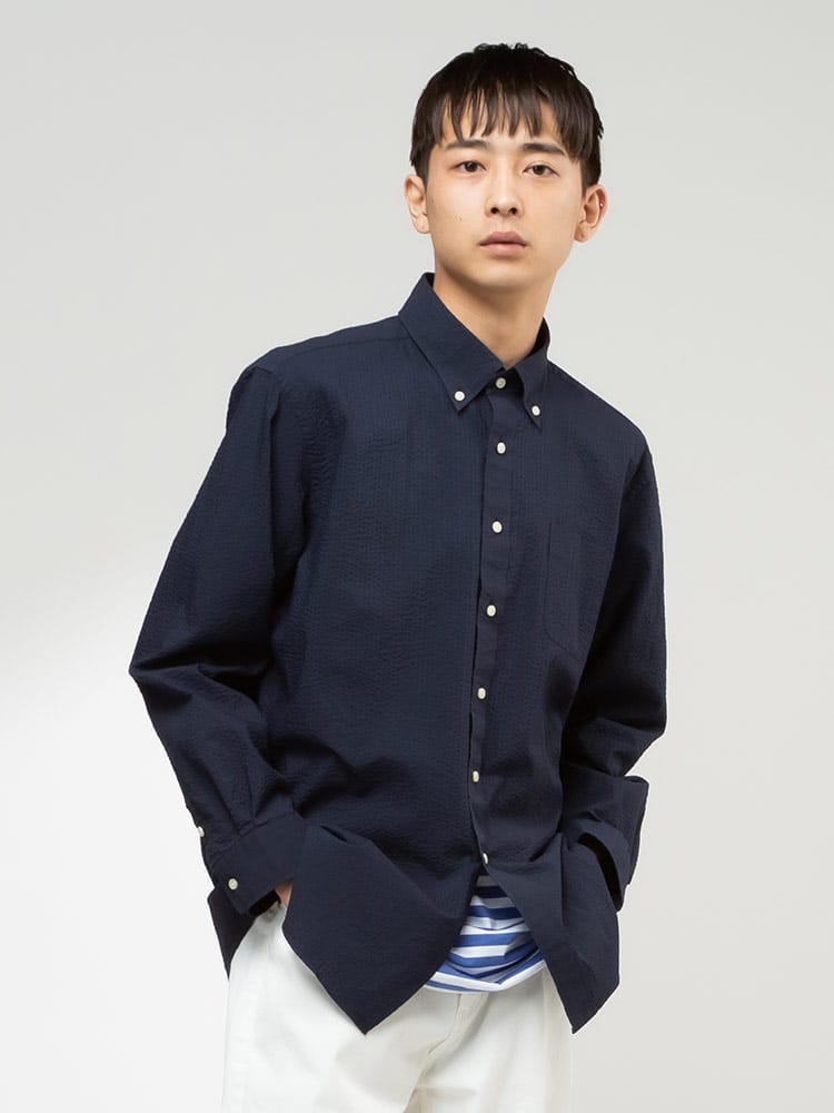 CREW (クルー) COOLMAX シアサッカー 無地＆柄 ボタンダウン 長袖シャツ