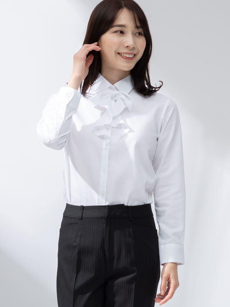 SAKAZEN (サカゼン) 形態安定 UVカット リボン着脱 レギュラーカラー 長袖 ブラウス