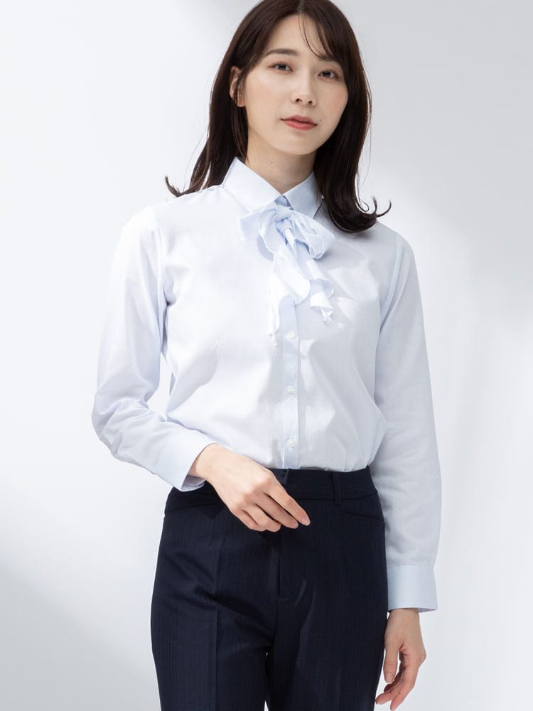 SAKAZEN (サカゼン) 形態安定 UVカット リボン着脱 レギュラーカラー 長袖 ブラウス