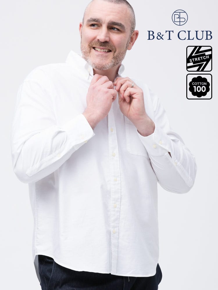 大きいサイズ メンズ B＆T CLUB 綿100％ ナチュラルストレッチ ボタンダウン オックスフォード 長袖シャツ 2L-10L相当