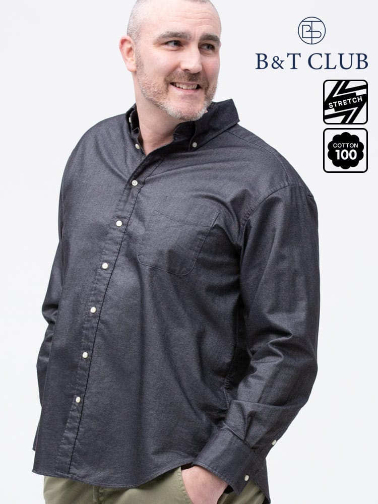 大きいサイズ メンズ B＆T CLUB 綿100％ ナチュラルストレッチ ボタンダウン オックスフォード 長袖シャツ 2L-10L相当