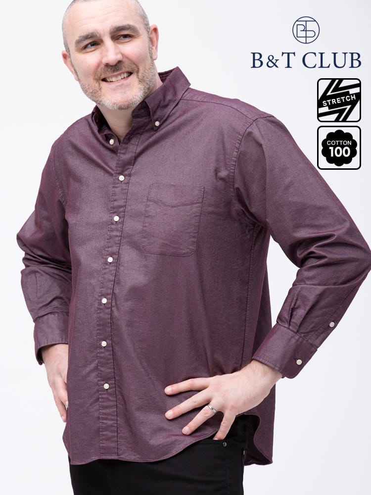 大きいサイズ メンズ B＆T CLUB 綿100％ ナチュラルストレッチ ボタンダウン オックスフォード 長袖シャツ 2L-10L相当