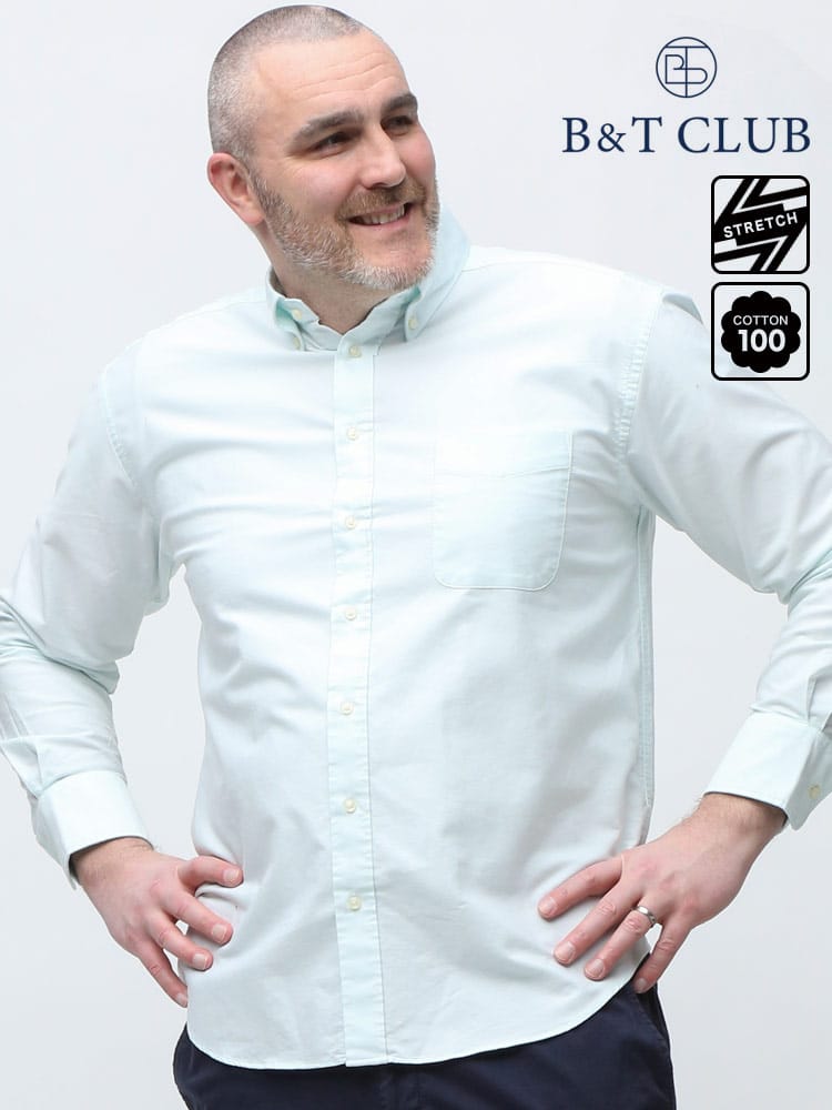 大きいサイズ メンズ B＆T CLUB 綿100％ ナチュラルストレッチ ボタンダウン オックスフォード 長袖シャツ 2L-10L相当